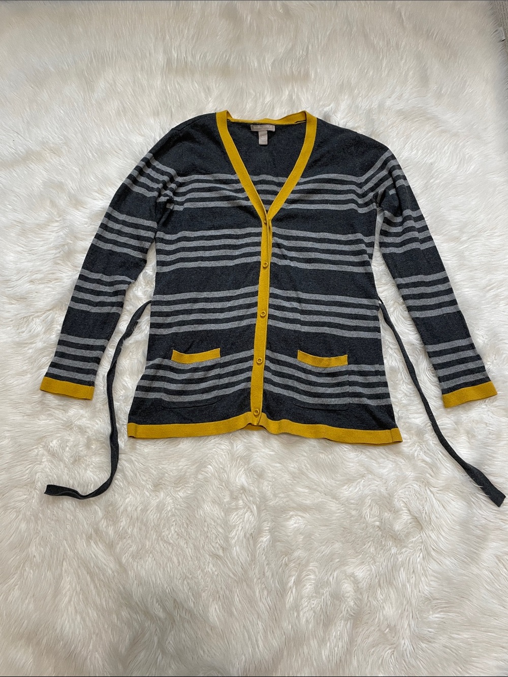 Banana Republic Factory Striped Charcoal Cardigan with Mustard Yellow Trim Large